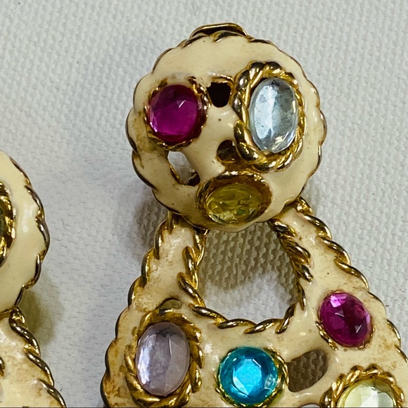 VINTAGE GORGEOUS DROP RHINESTONE STATEMENT COLORFUL COSTUME CLIP ON EARRINGS - Picture 6 of 12
